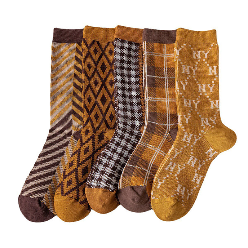 Checkered Leopard Print Dual Track Italian Retro Double Needle Pile Socks