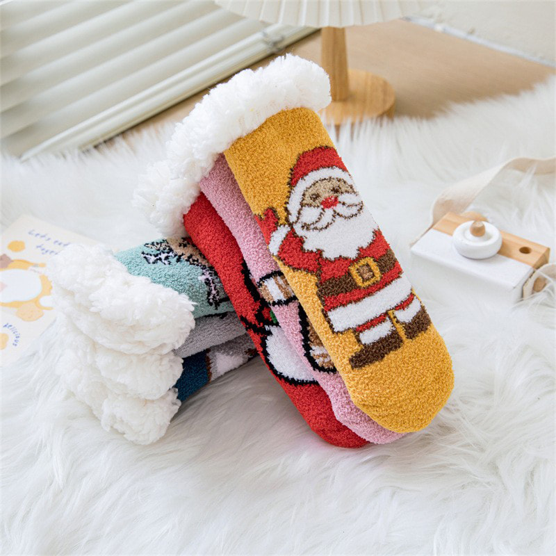 Baby Socks Coral Velvet Cartoon Christmas Socks Home Thickened Middle Tube Sleep Socks Lamb Velvet Plus Velvet Floor Socks